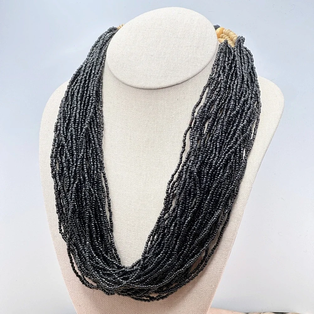 Vintage 70s Black Seed Bead Waterfall Necklace Multi Strand Boho Layered Collar - Picture 1 of 5
